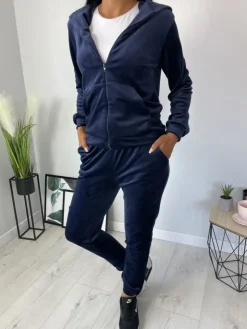 Granatowy Welurowy Komplet 11378-218-E|Modna Kiecka Sale