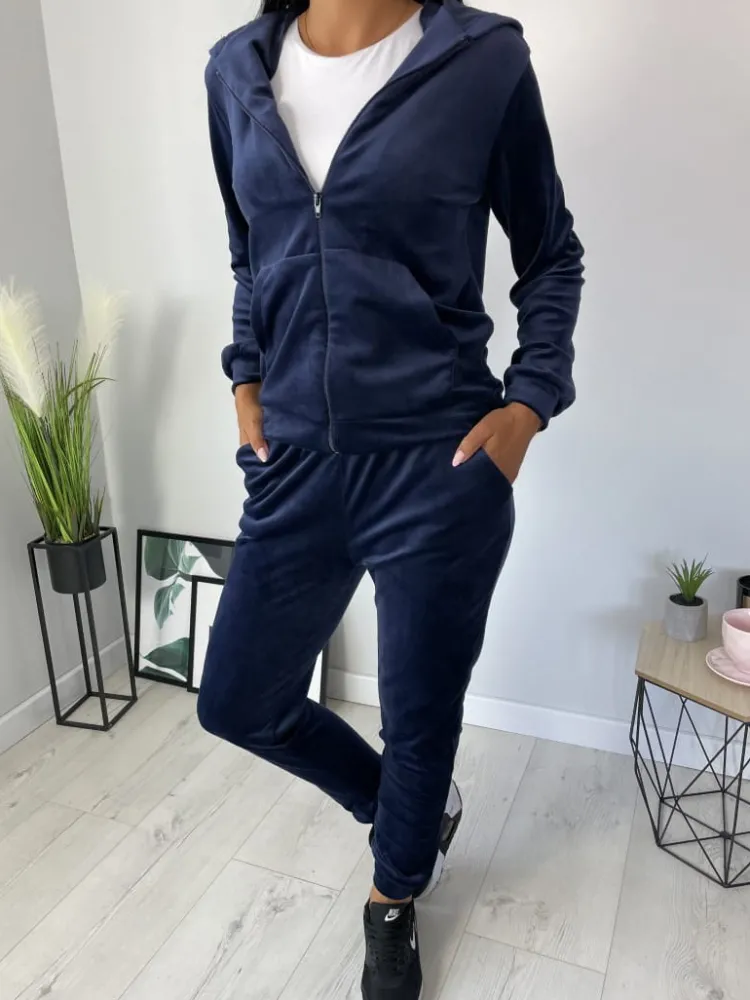 Granatowy Welurowy Komplet 11378-218-E|Modna Kiecka Sale