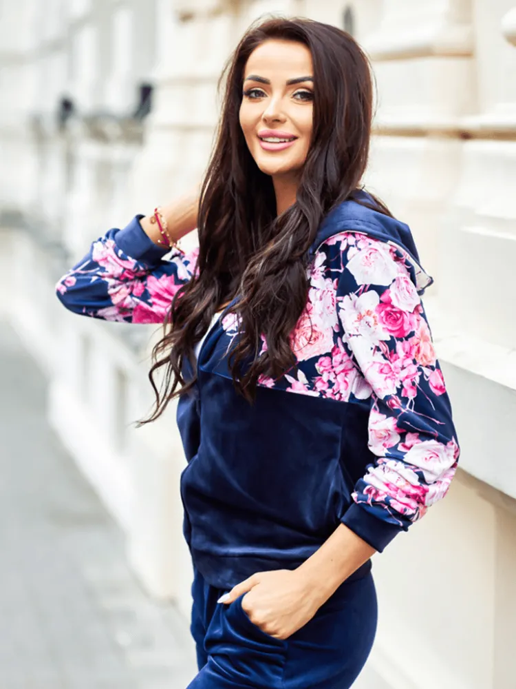 Granatowy Welurowy Komplet z Motywem Kwiatowym 10582-337 10582-337-Q|Modna Kiecka Discount