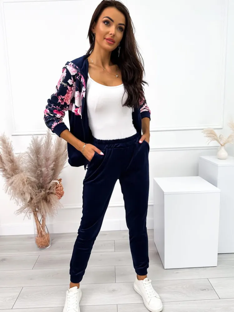 Granatowy Welurowy Komplet z Motywem Kwiatowym 10582-337 10582-337-Q|Modna Kiecka Discount
