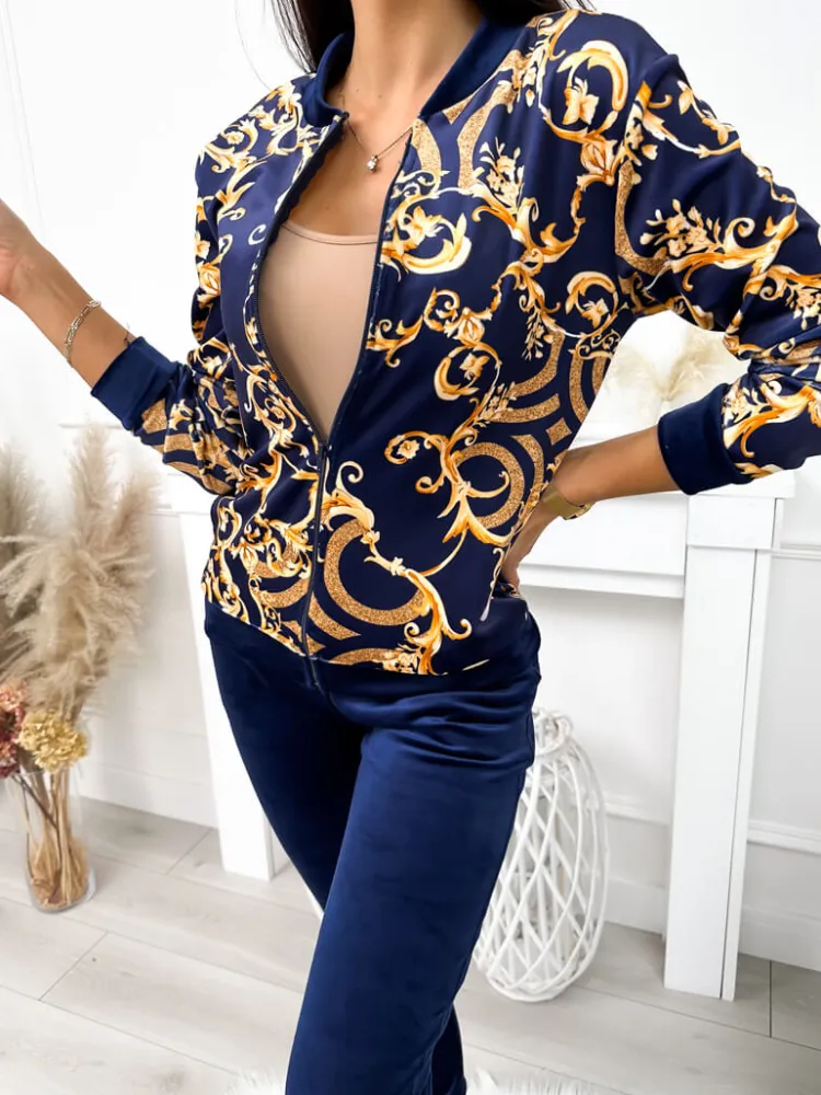 Granatowy Welurowy Komplet w Złoty Wzór 11612-146-Q|Modna Kiecka Discount