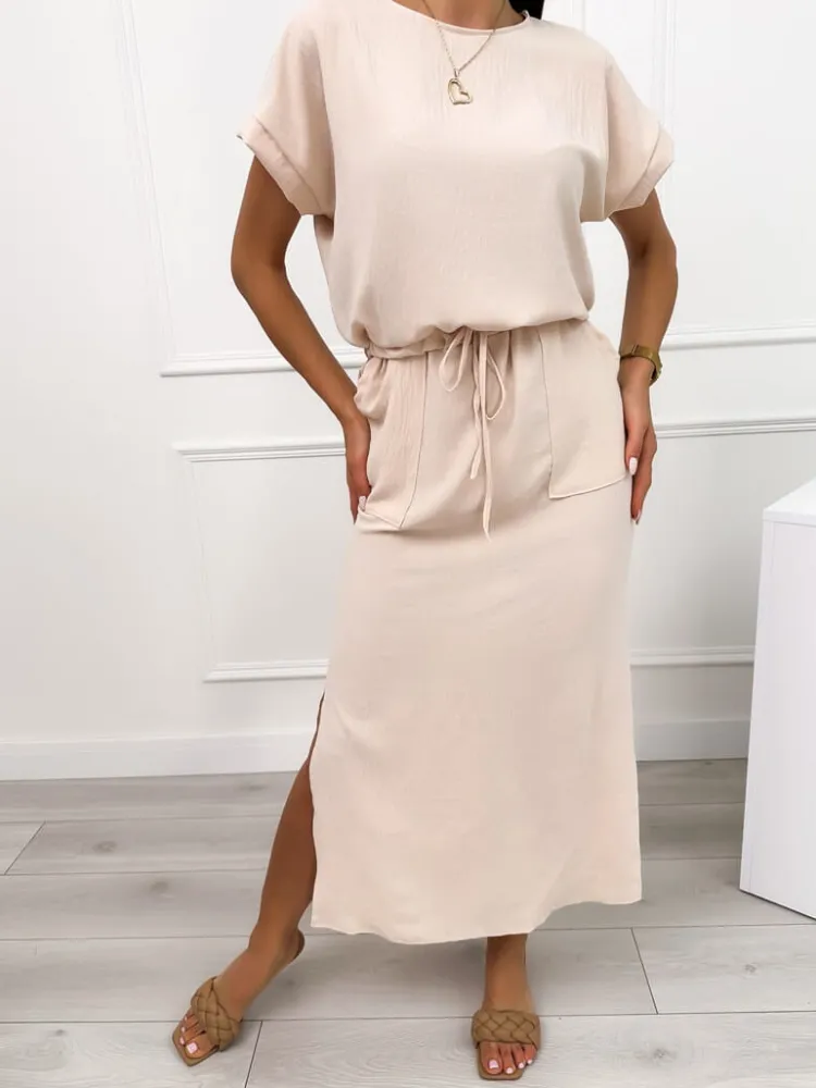Jasnobeżowa Sukienka z Kieszonkami 10330-227-N|Modna Kiecka Hot