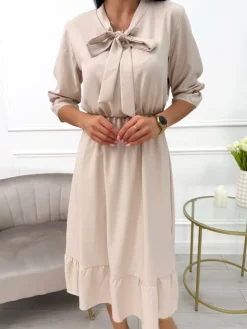 Jasnobeżowa Sukienka z Wiązaniem 13494-121-G|Modna Kiecka Best