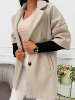 Jasnobeżowy Płaszcz ze Ściągaczem 12940-232-E|Modna Kiecka Discount