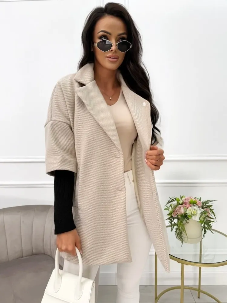 Jasnobeżowy Płaszcz ze Ściągaczem 12940-232-E|Modna Kiecka Discount
