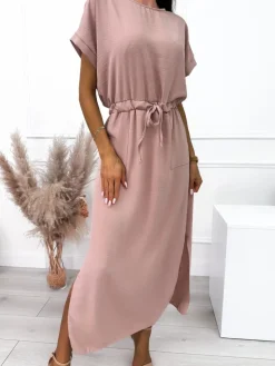 Jasnopudrowa Sukienka z Kieszonkami 10330-227-L|Modna Kiecka Fashion