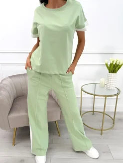 Jasnozielony Komplet T-shirt + Spodnie 13782-163-F|Modna Kiecka Discount