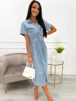 Jeansowa Sukienka Midi z Kieszonkami 13847-400-Q|Modna Kiecka Sale