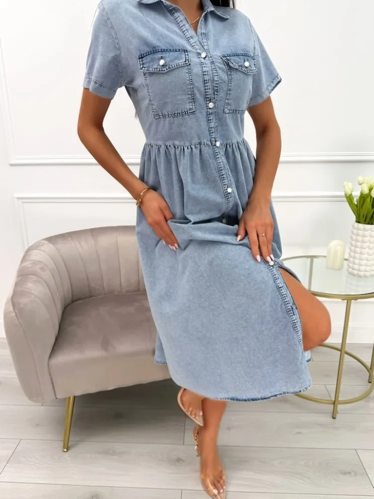 Jeansowa Sukienka Midi z Kieszonkami 13847-400-Q|Modna Kiecka Sale