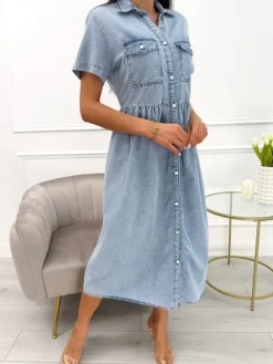 Jeansowa Sukienka Midi z Kieszonkami 13847-400-Q|Modna Kiecka Sale