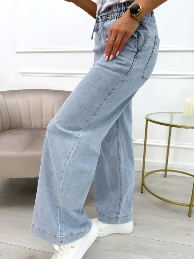 Jeansowe Spodnie z Szeroką Nogawką i Gumką w Pasie 13831-359-Q|Modna Kiecka Hot
