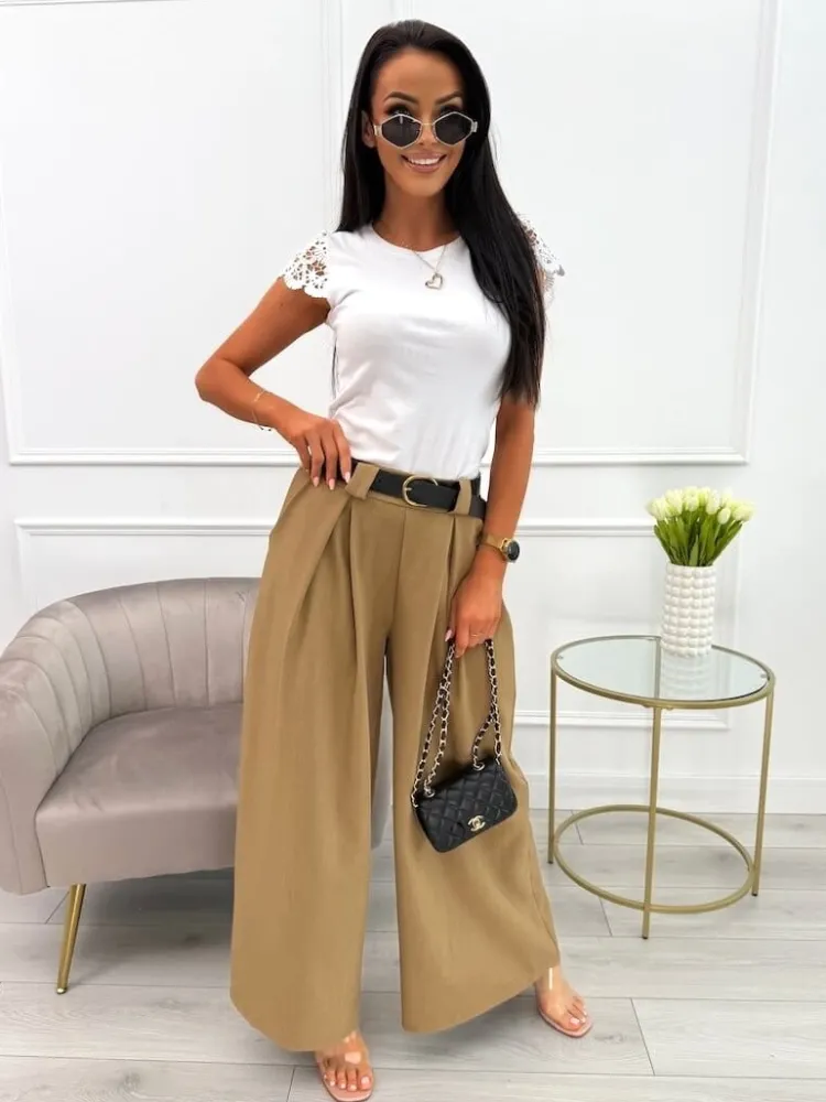 Karmelowe Spodnie z Paskiem 11760-33-G|Modna Kiecka Outlet