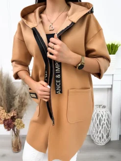 Karmelowy Płaszczyk z Kapturem 10713-121-E|Modna Kiecka Sale