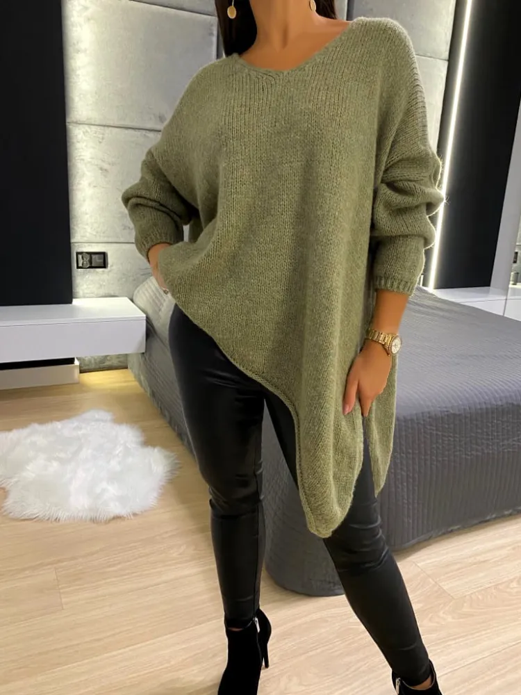 Khaki Asymetryczny Sweterek 11752-349-E|Modna Kiecka Fashion