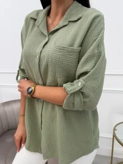 Khaki Bawełniana Koszula z Kieszonką 13884-236-B|Modna Kiecka Clearance