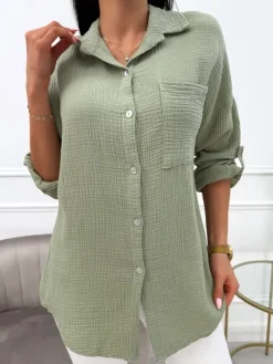 Khaki Bawełniana Koszula z Kieszonką 13884-236-B|Modna Kiecka Clearance