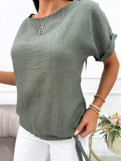 Khaki Bluzeczka ze Ściągaczem 13896-313-E|Modna Kiecka Online