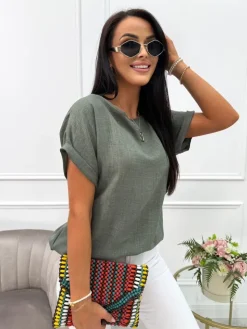 Khaki Bluzeczka ze Ściągaczem 13896-313-E|Modna Kiecka Online