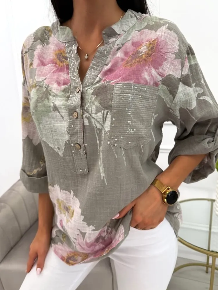 Khaki Bluzka w Kwiaty z Ozdobną Kieszonką 13860-515-A|Modna Kiecka Best