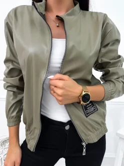 Khaki Bomberka z Eko Skóry 11877-281-C|Modna Kiecka Best