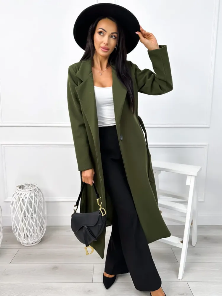 Khaki Długi Płaszczyk z Paskiem 12978-153-E|Modna Kiecka New
