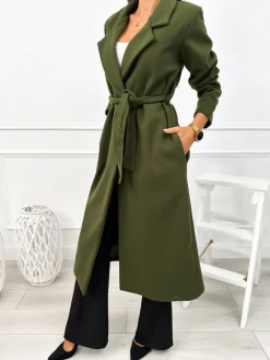 Khaki Długi Płaszczyk z Paskiem 12978-153-E|Modna Kiecka New