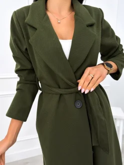 Khaki Długi Płaszczyk z Paskiem 12978-153-E|Modna Kiecka New