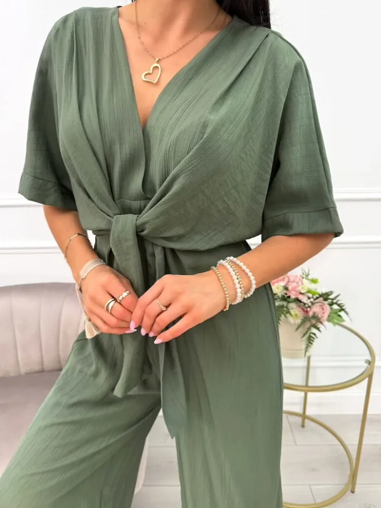 Khaki Kombinezon z Wiązaniem 14050-216-C|Modna Kiecka Outlet