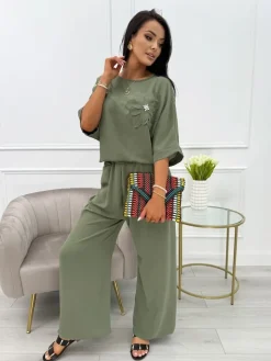 Khaki Komplet Bluzka + Spodnie 13937-295-C|Modna Kiecka Sale