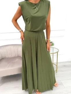 Khaki Komplet Bluzka + Szerokie Spodnie 14103-428-B|Modna Kiecka New