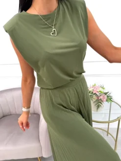 Khaki Komplet Bluzka + Szerokie Spodnie 14103-428-B|Modna Kiecka New