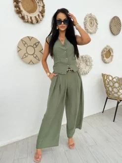 Khaki Komplet Kamizelka + Spodnie 13886-525-C|Modna Kiecka Sale