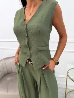 Khaki Komplet Kamizelka + Spodnie 13886-525-C|Modna Kiecka Sale