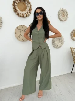 Khaki Komplet Kamizelka + Spodnie 13886-525-C|Modna Kiecka Sale
