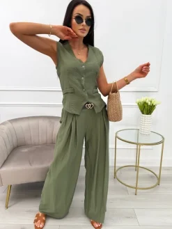 Khaki Komplet Kamizelka + Spodnie 13886-525-C|Modna Kiecka Sale