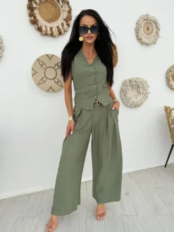 Khaki Komplet Kamizelka + Spodnie 13886-525-C|Modna Kiecka Sale