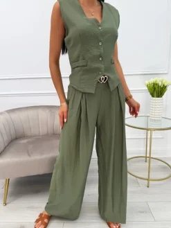 Khaki Komplet Kamizelka + Spodnie 13886-525-C|Modna Kiecka Sale
