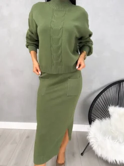 Khaki Komplet Sweterek + Spódnica 13147-211-E|Modna Kiecka Hot