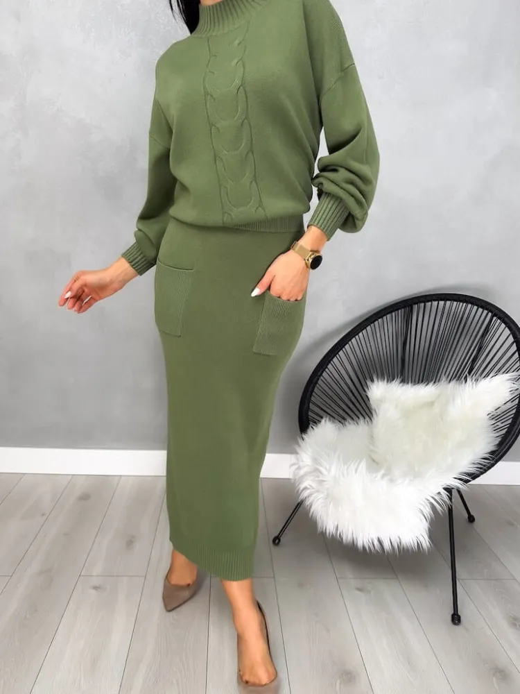 Khaki Komplet Sweterek + Spódnica 13147-211-E|Modna Kiecka Hot