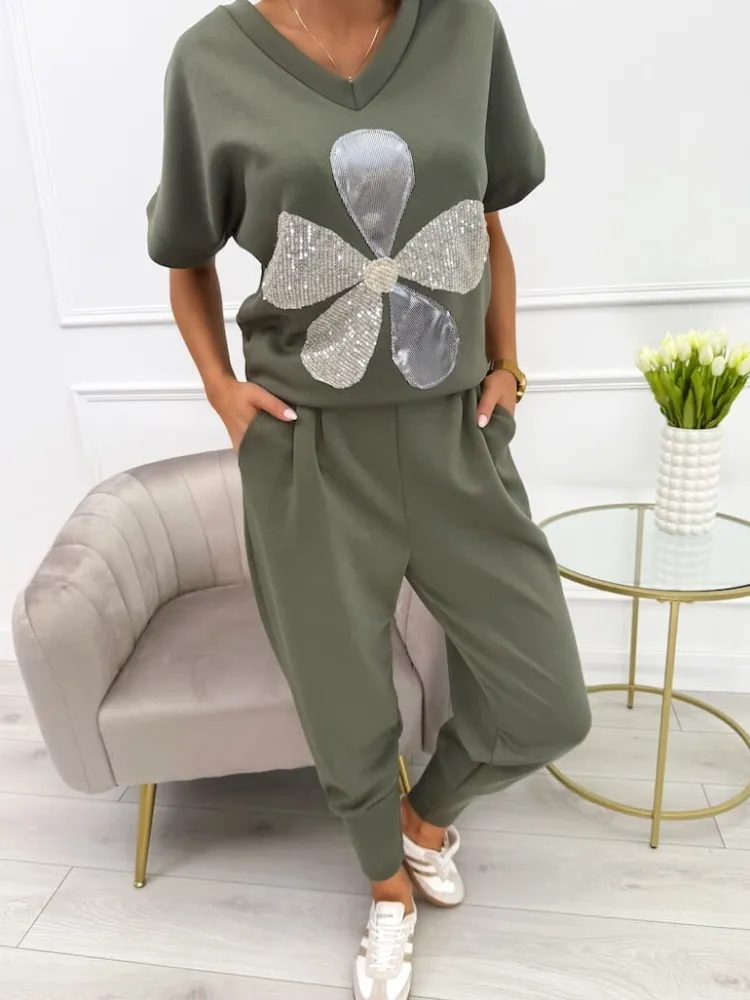 Khaki Komplet z Ozdobną Aplikacją 13714-93-E|Modna Kiecka Outlet