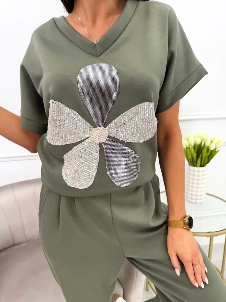 Khaki Komplet z Ozdobną Aplikacją 13714-93-E|Modna Kiecka Outlet