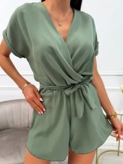 Khaki Krótki Kombinezon z Paskiem 13898-341-D|Modna Kiecka Hot