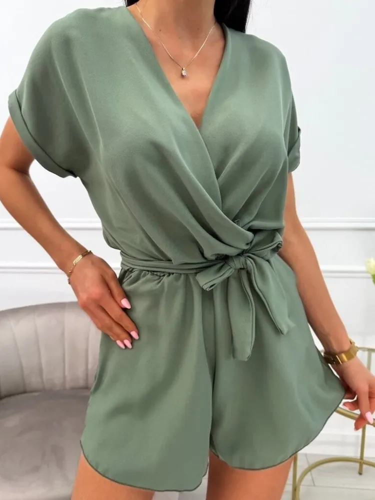 Khaki Krótki Kombinezon z Paskiem 13898-341-D|Modna Kiecka Hot