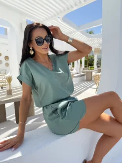 Khaki Lniany Komplet  13902-414-B|Modna Kiecka Outlet