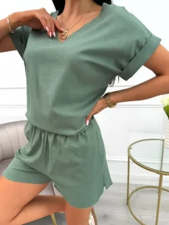 Khaki Lniany Komplet  13902-414-B|Modna Kiecka Outlet