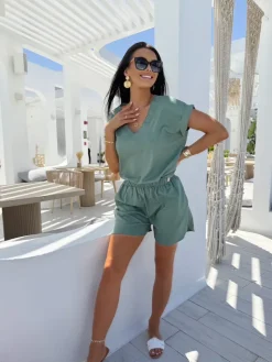 Khaki Lniany Komplet  13902-414-B|Modna Kiecka Outlet