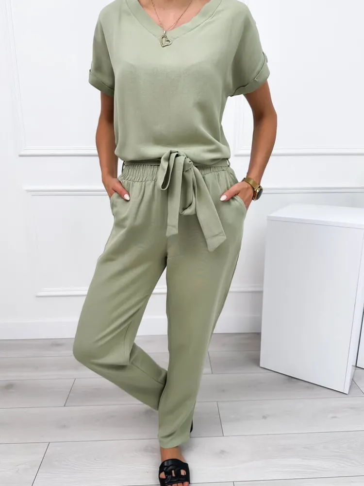 Khaki Lniany Komplet 12275-172-E|Modna Kiecka Best