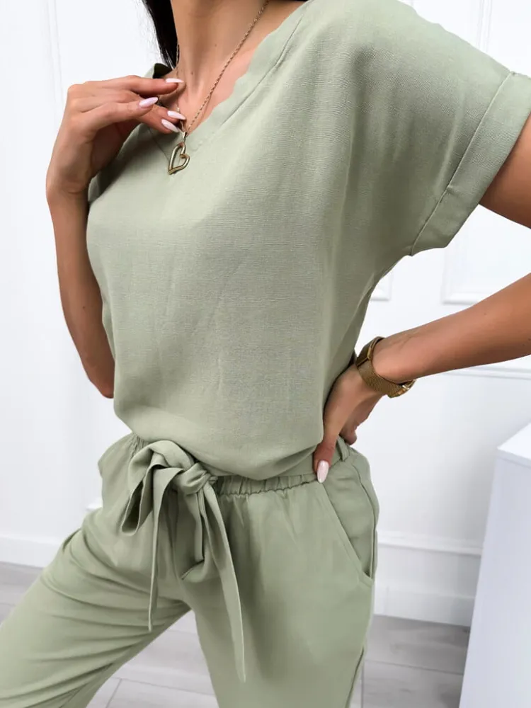Khaki Lniany Komplet 12275-172-E|Modna Kiecka Best