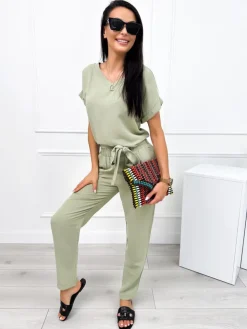 Khaki Lniany Komplet 12275-172-E|Modna Kiecka Best