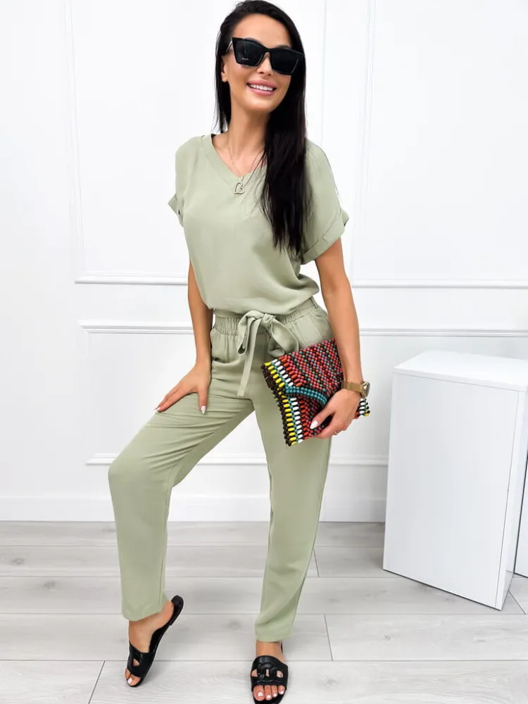 Khaki Lniany Komplet 12275-172-E|Modna Kiecka Best